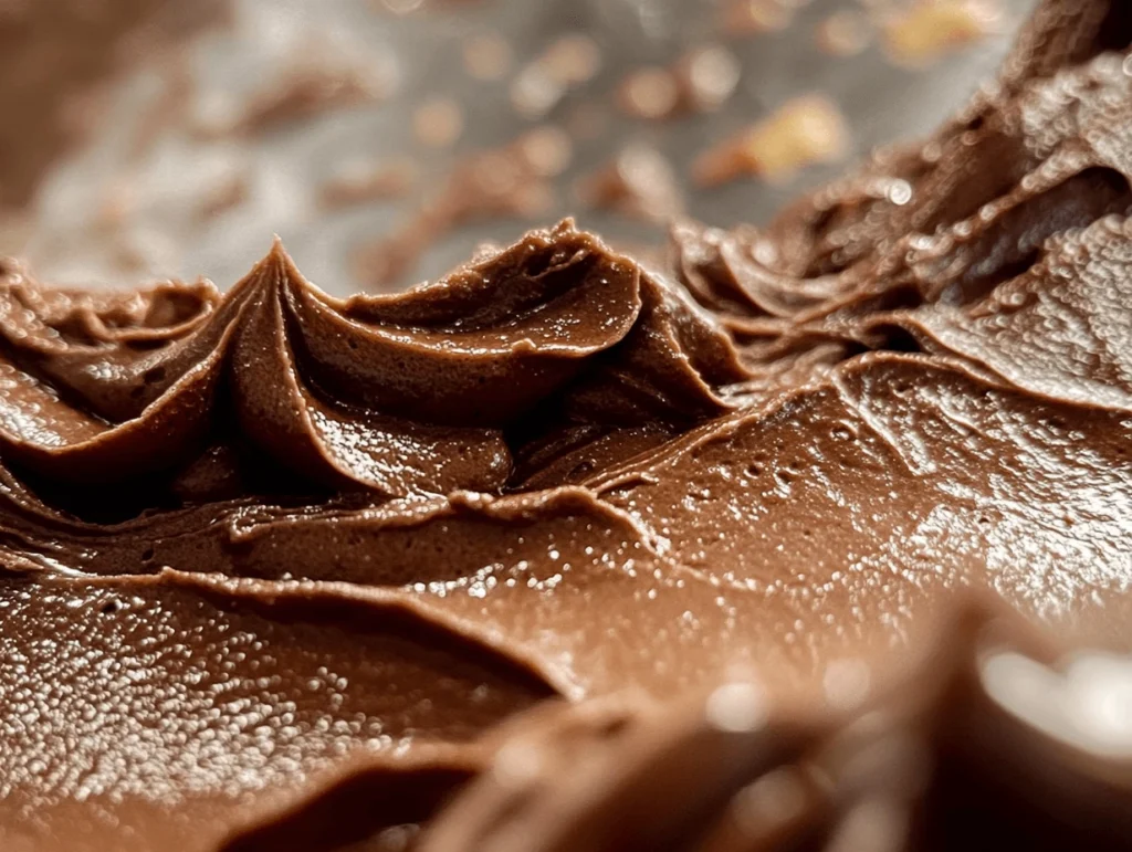 Close-up of chocolate frosting with swirls and a glossy texture.