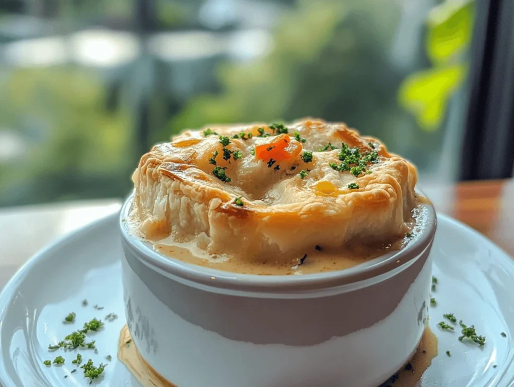 Golden-brown chicken pot pie topped with fresh herbs in a white ceramic ramekin.