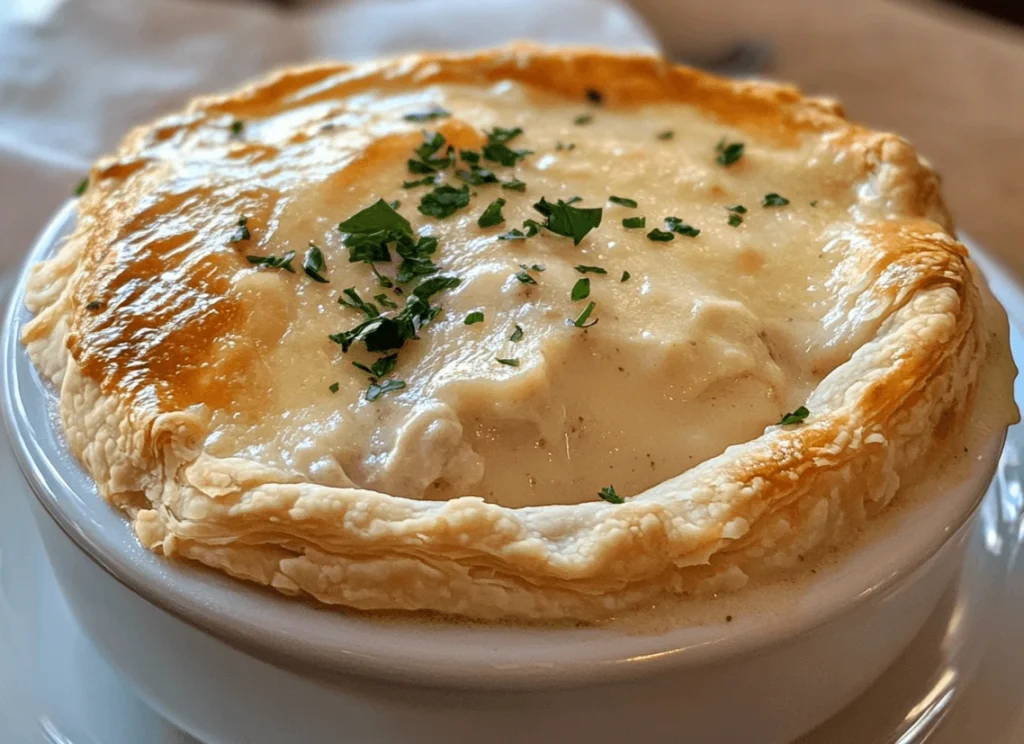 Creamy chicken pot pie topped with a flaky crust and garnished with parsley in a white ramekin.