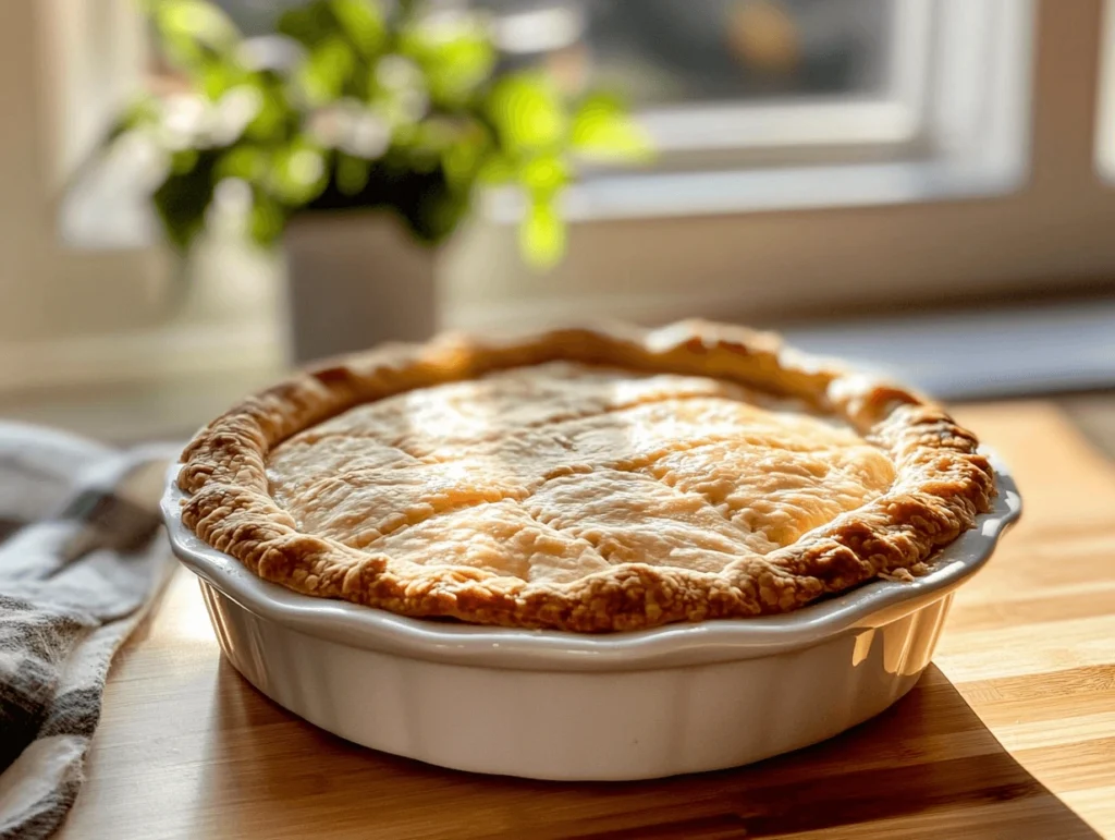 Homemade chicken pot pie in a round white pie dish on a wooden table with sunlight streaming in