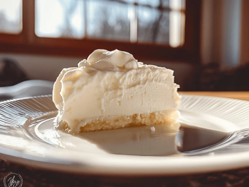 Slice of creamy white chocolate cheesecake with whipped topping on a white plate