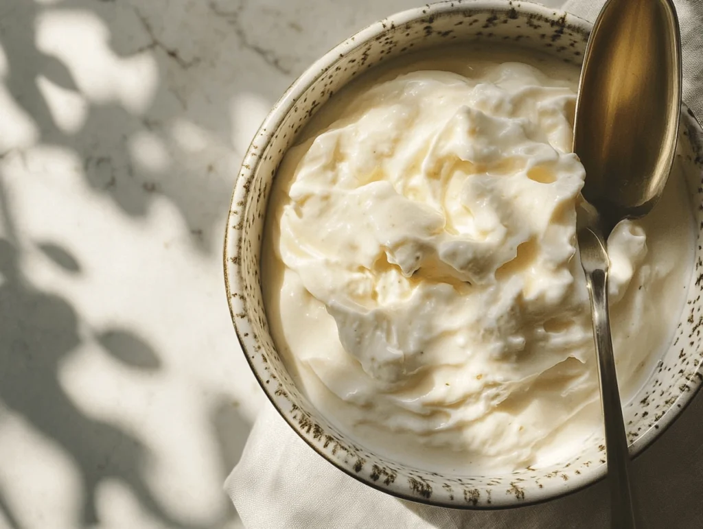 A bowl of fluffy white chocolate mousse with a spoon