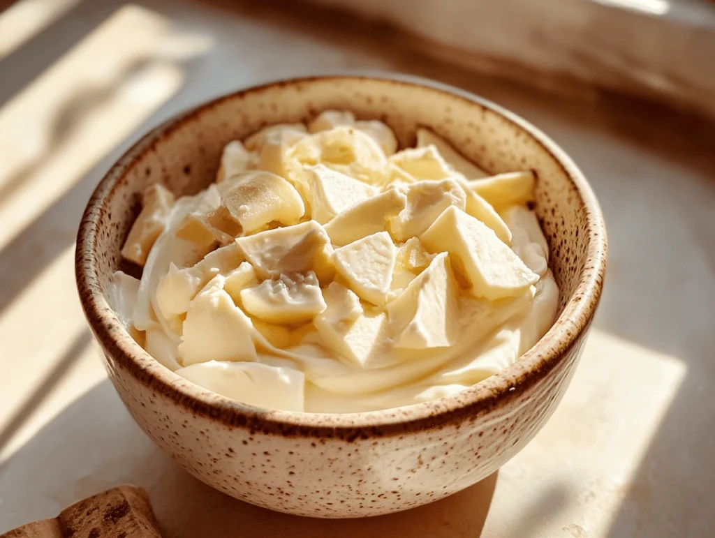 A bowl of creamy dessert with chunks of white chocolate