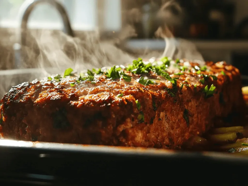 Freshly baked meatloaf garnished with parsley, steaming hot from the oven.