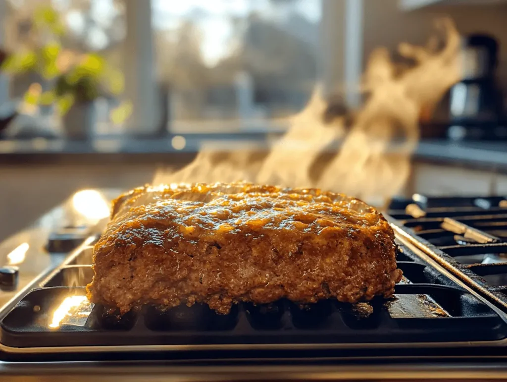 Grilled meatloaf on a stovetop grill, steaming with a golden crust.