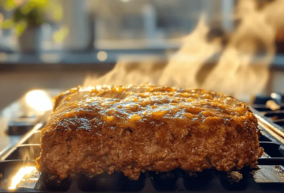 Grilled meatloaf on a stovetop grill, steaming with a golden crust.