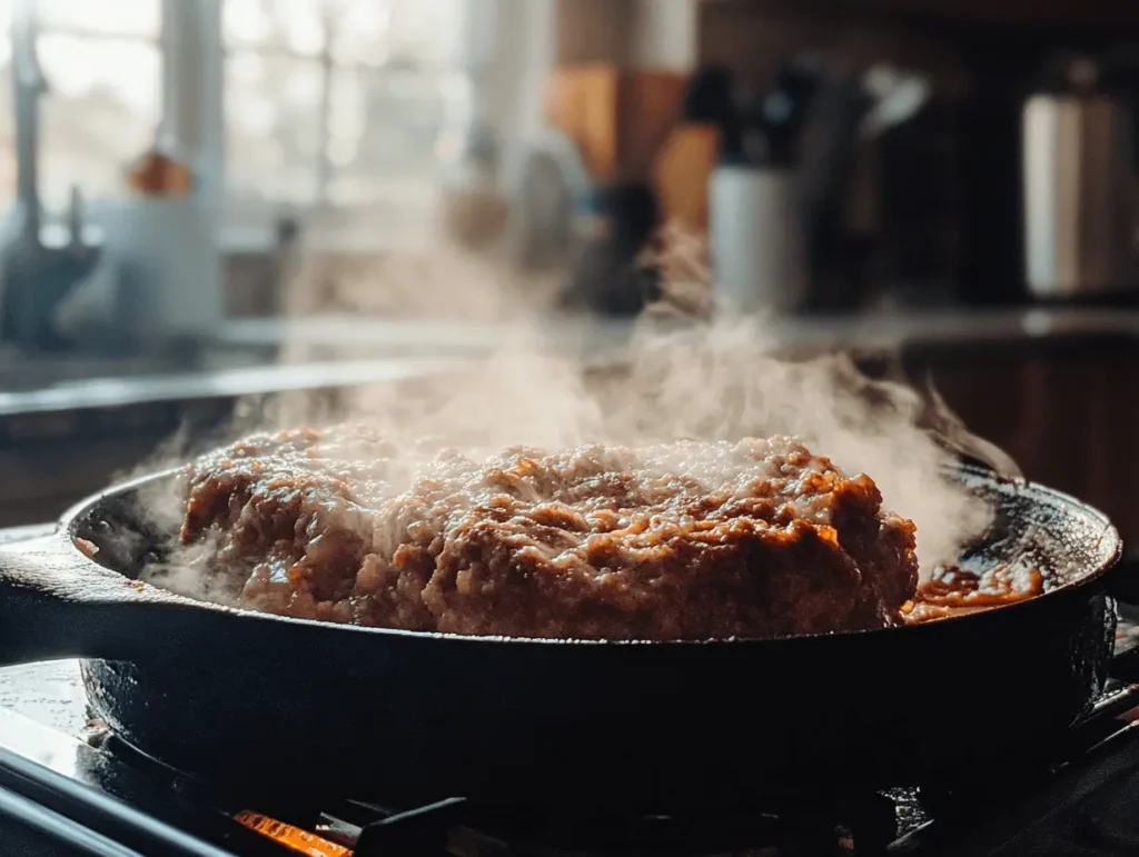 Meatloaf sizzling in a cast iron skillet, steaming and ready to serve.