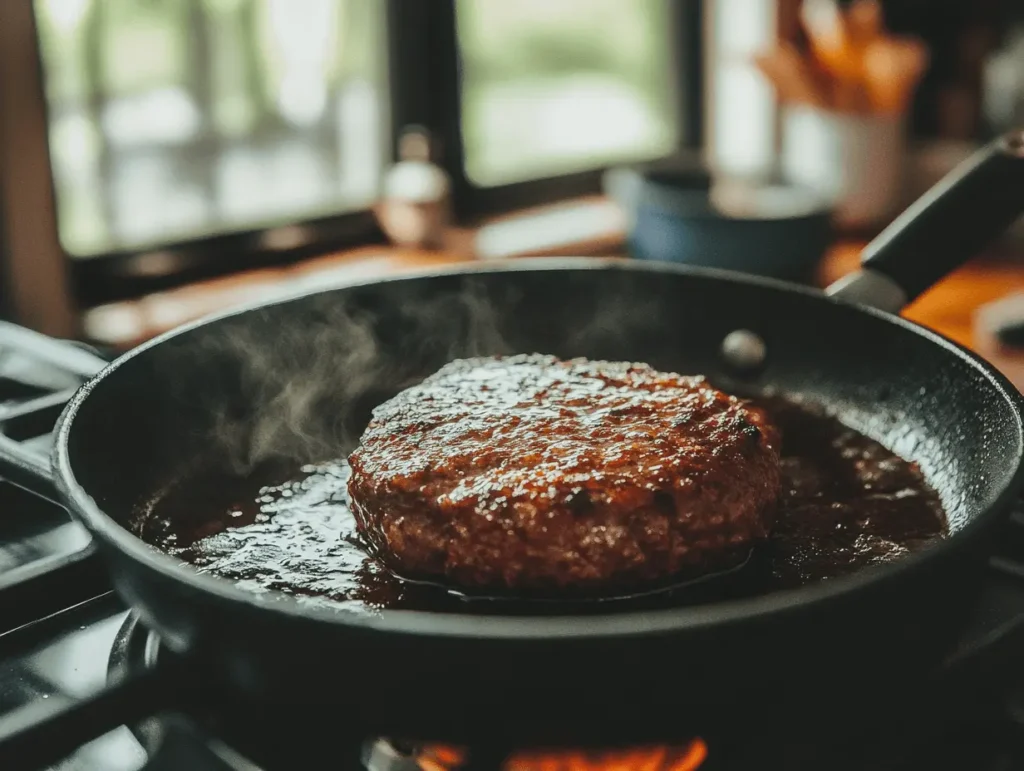 Meatloaf cooking in a frying pan, immersed in a flavorful sauce, steaming hot.