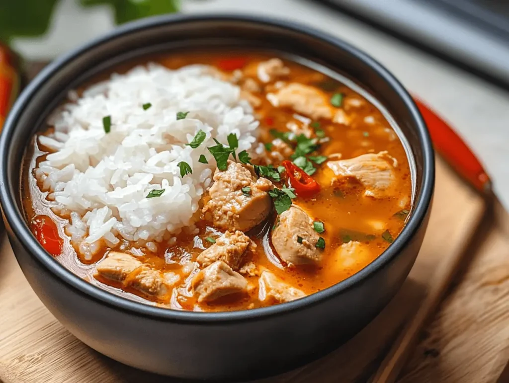 A spicy chicken and rice soup with fresh parsley and chili slices, served in a black bowl.