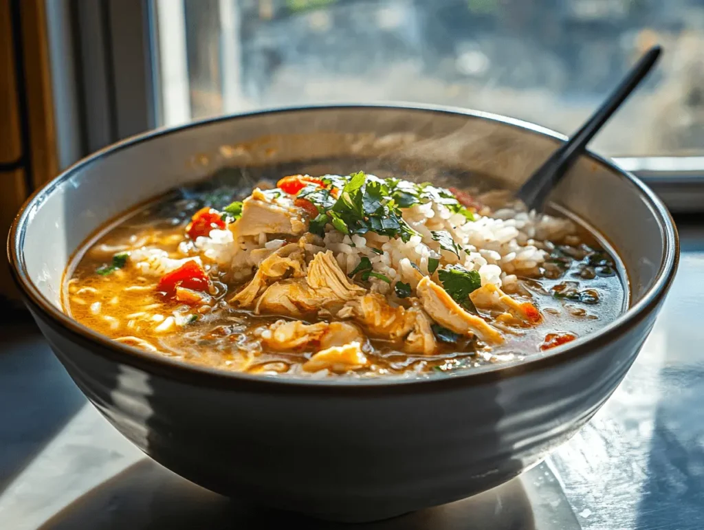 Chicken and rice soup with fresh cilantro, tomatoes, and a steaming broth served in a ceramic bowl.