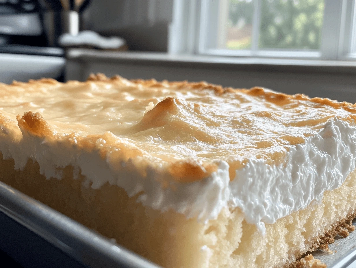 A golden meringue-topped sheet cake with a fluffy white frosting layer beneath, served in a pan by a window.