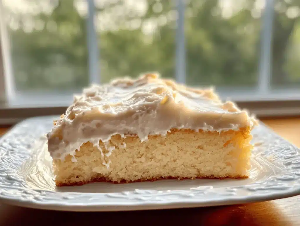 A slice of moist vanilla sheet cake with a thick layer of creamy frosting, served on a decorative white plate near a sunlit window.