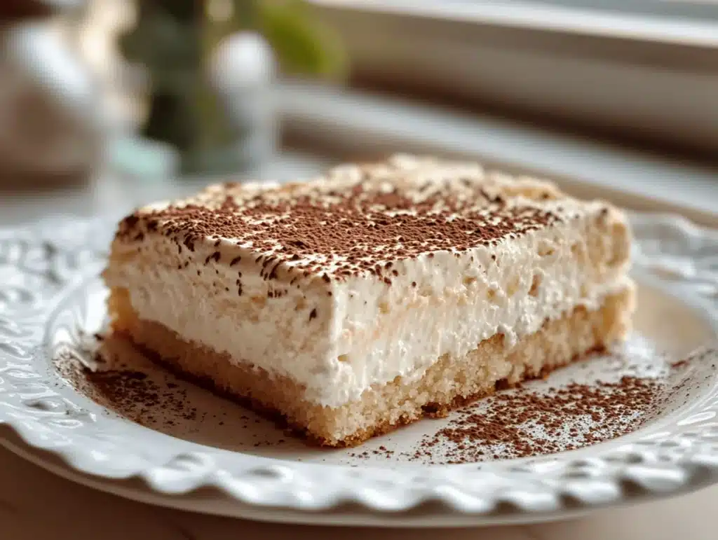 A slice of creamy tiramisu-inspired sheet cake topped with whipped cream and cocoa powder on a white plate.