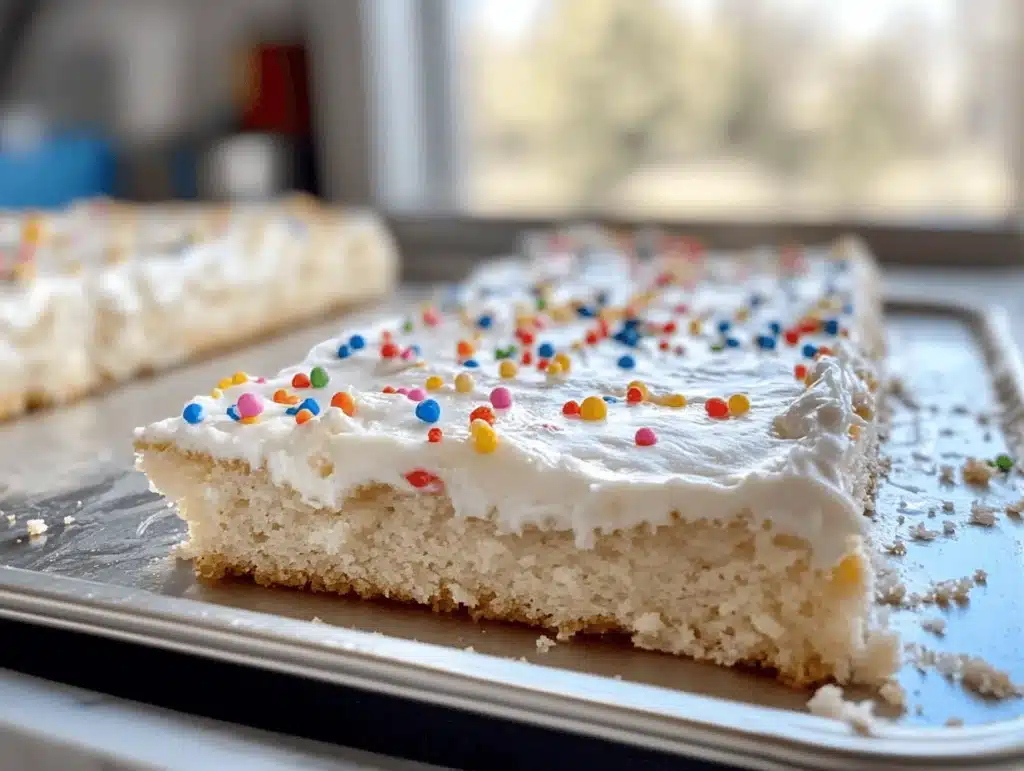 A fluffy vanilla sheet cake topped with white frosting and colorful sprinkles, served in a baking tray.