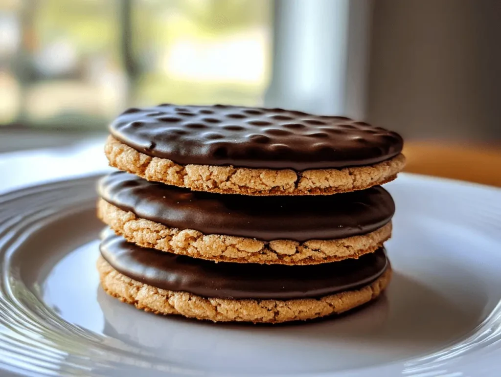 A plate with a stack of chocolate-coated cookies placed near a window in a well-lit room.