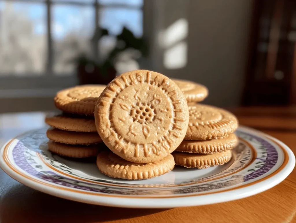 A plate with a neat stack of shortbread cookies, embossed with decorative patterns, in a cozy indoor setting