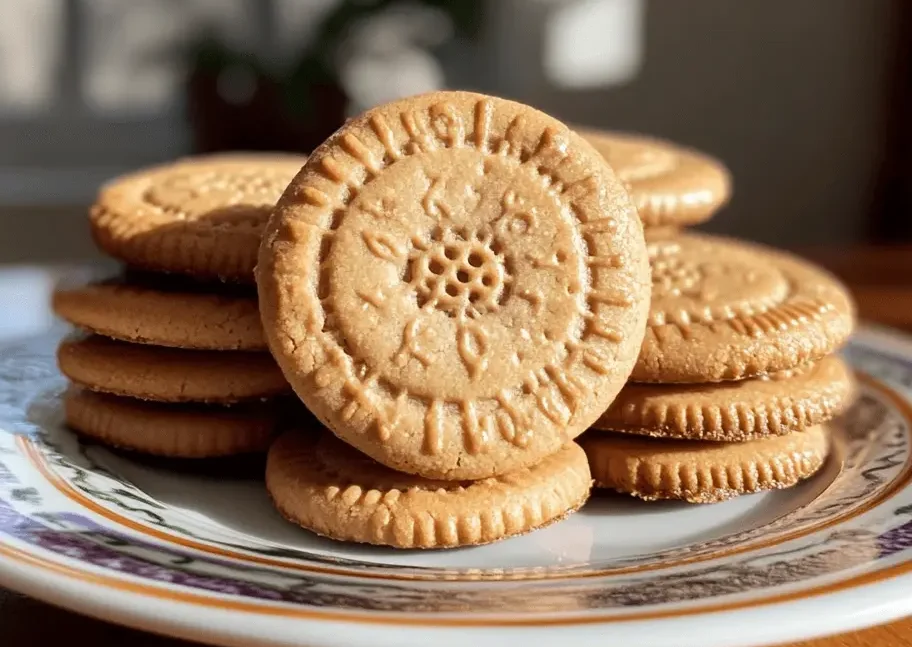 A plate with a neat stack of shortbread cookies, embossed with decorative patterns, in a cozy indoor setting