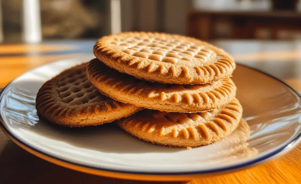 A plate with a stack of peanut butter sandwich cookies placed on a wooden table near a window.