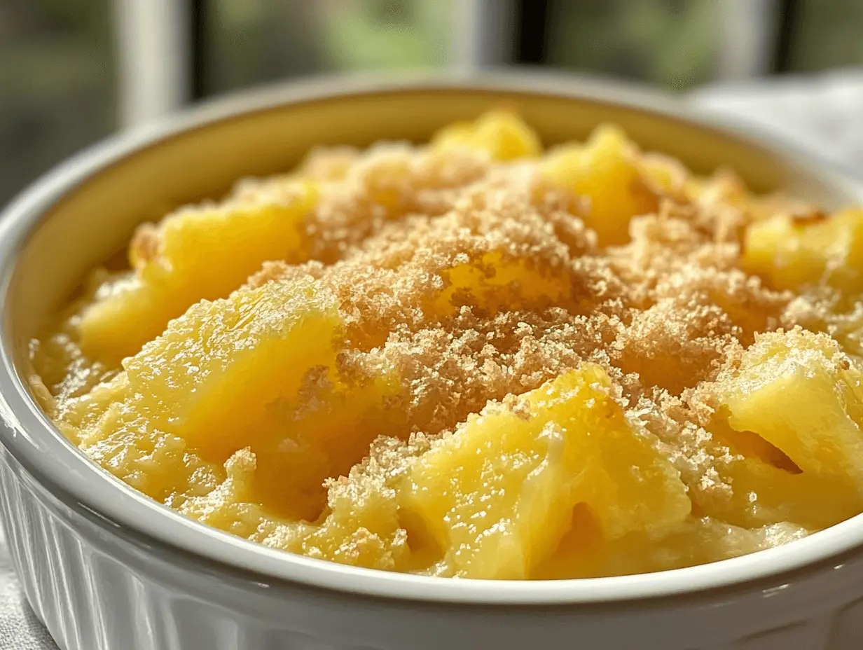 Individual serving of pineapple casserole in a ramekin with a crumb topping.