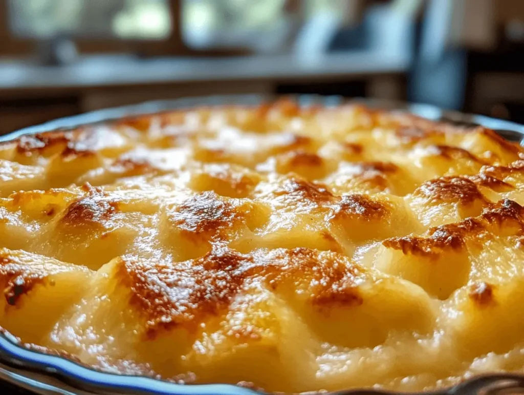 Close-up of a golden brown pineapple casserole with a caramelized topping.