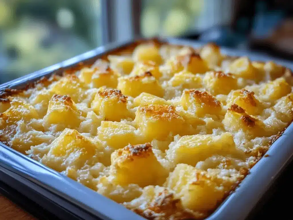 A full casserole dish of golden pineapple casserole fresh from the oven.