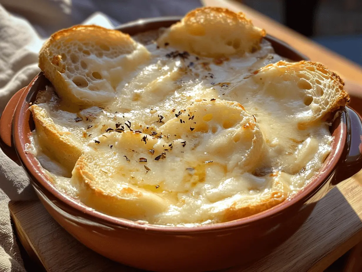 A baked dish topped with melted Gruyère cheese and slices of crusty bread, garnished with herbs.