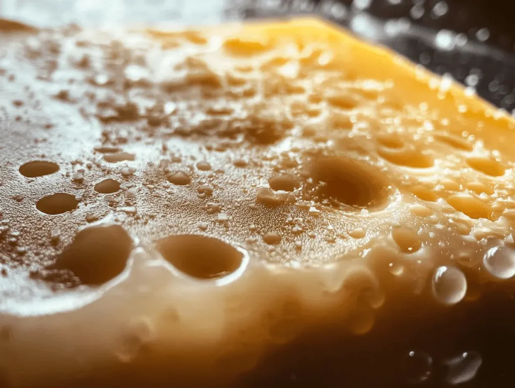 Close-up view of Gruyère cheese with visible holes and a creamy texture.