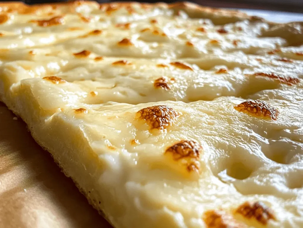 A flatbread topped with melted Gruyère cheese, featuring golden-brown bubbles and creamy layers.