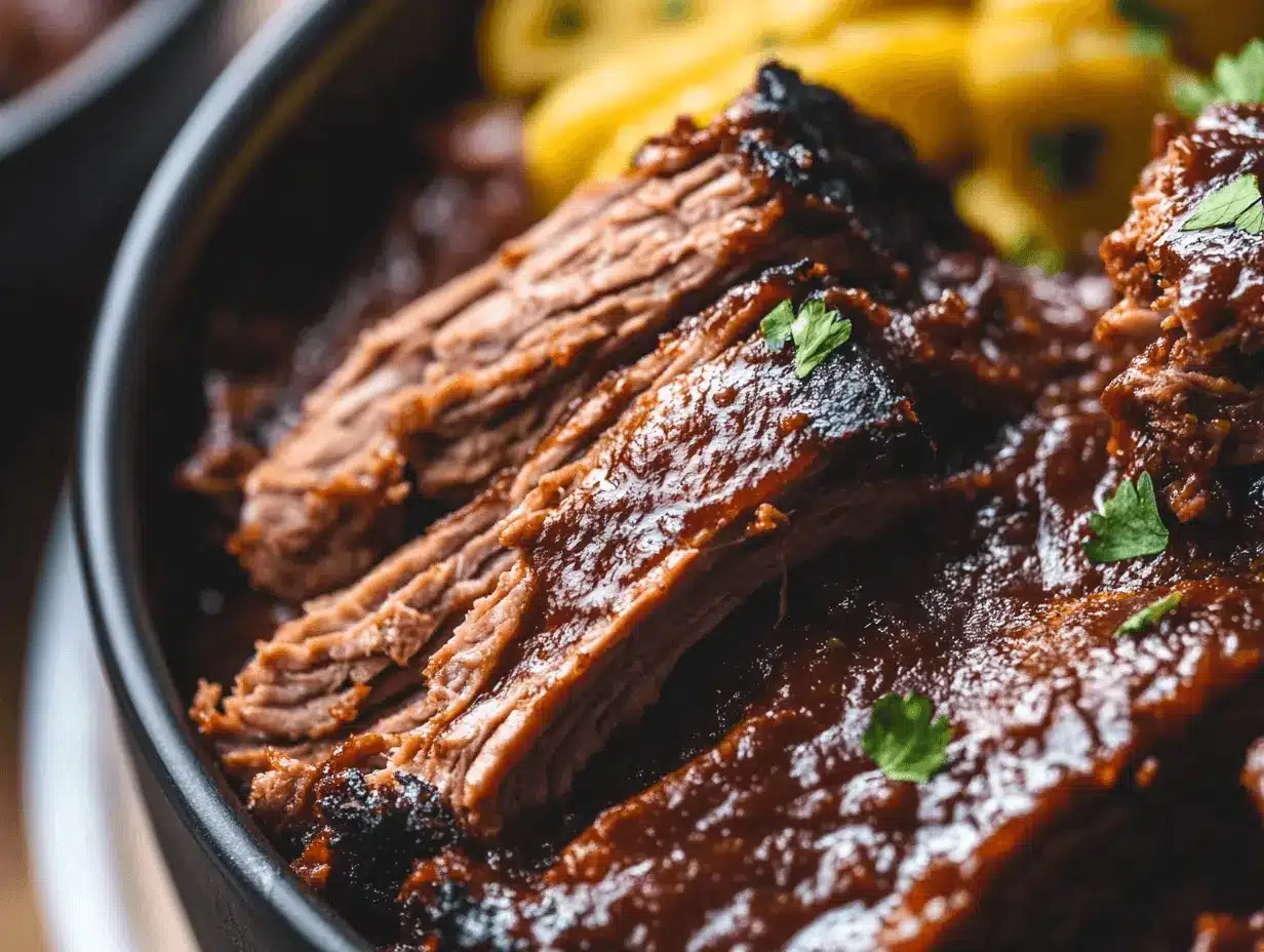 Tender slow-cooked BBQ brisket with rich sauce and fresh herbs.