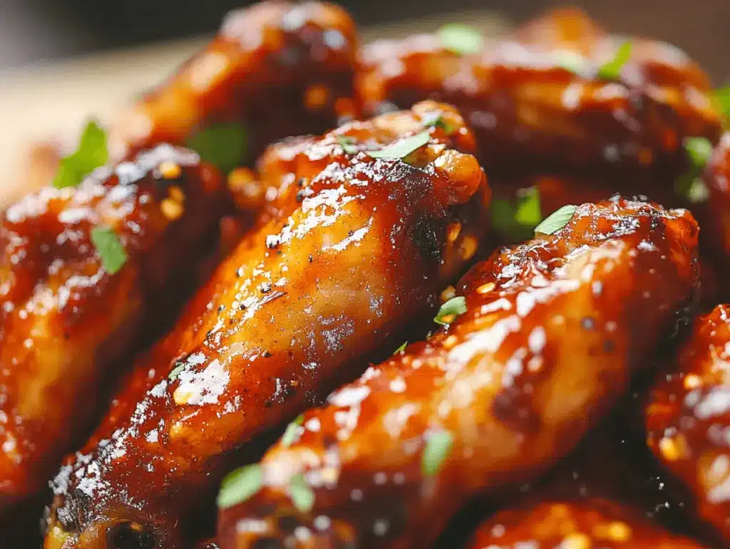 Glazed honey BBQ chicken wings with a caramelized coating and fresh herbs.