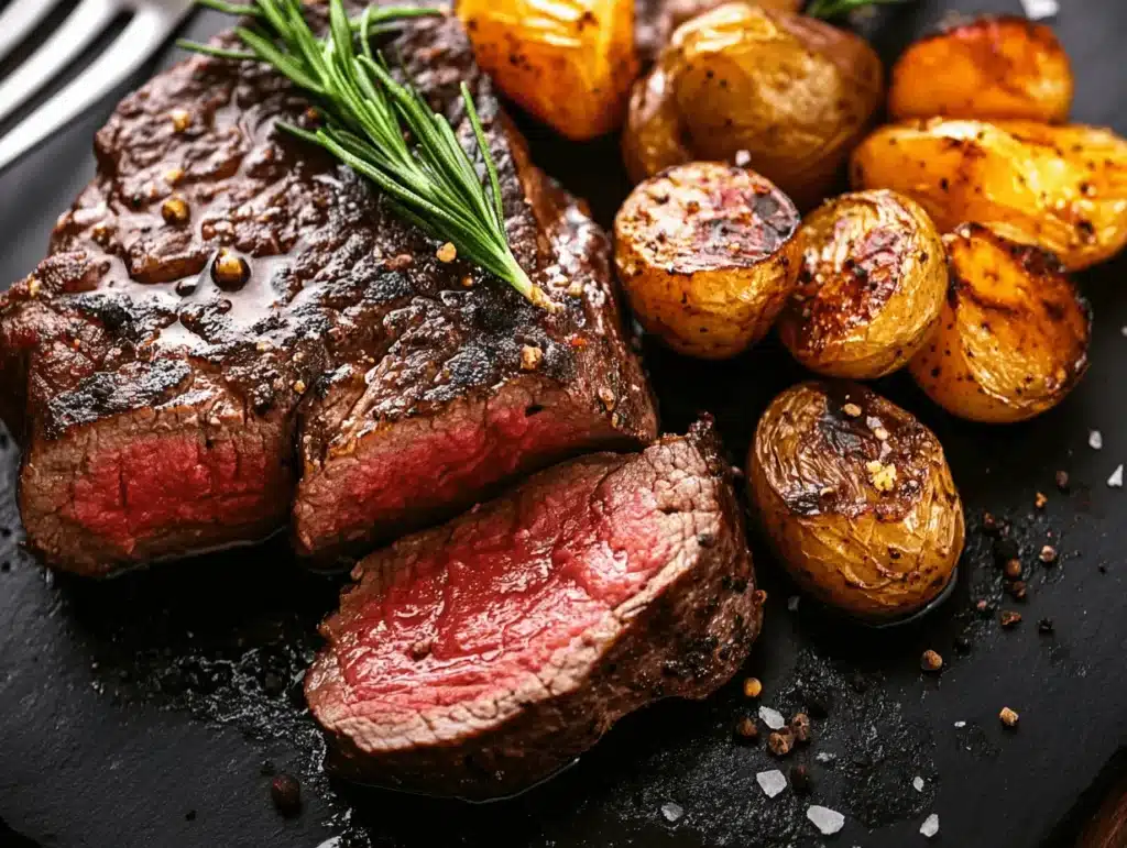  Juicy grilled steak with a perfectly seared crust, served with roasted potatoes.