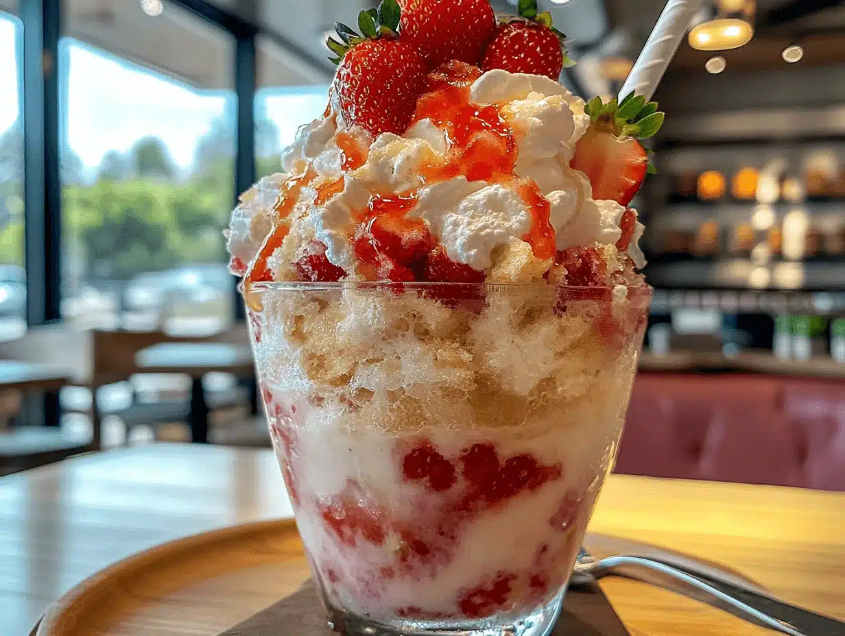 A delicious Strawberry Shortcake Slush Float topped with fresh strawberries, whipped cream, and strawberry syrup, served in a glass.