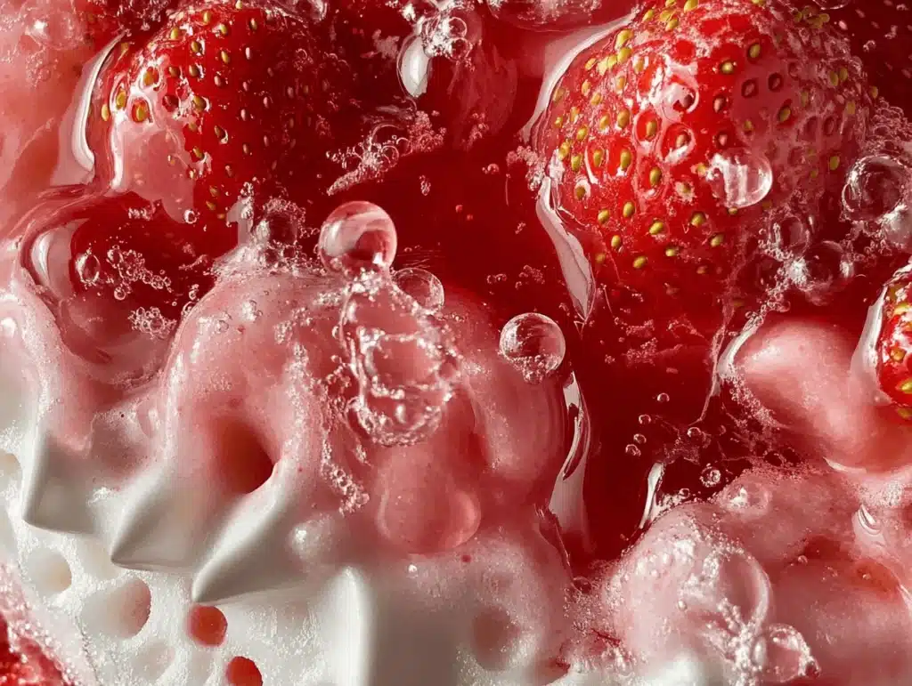 Close-up of fresh strawberries submerged in strawberry slush with whipped cream and bubbles forming on the surface.