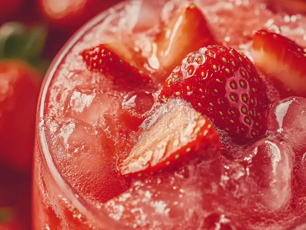 A glass of strawberry slush filled with crushed ice and fresh strawberry slices, creating a refreshing summer drink.