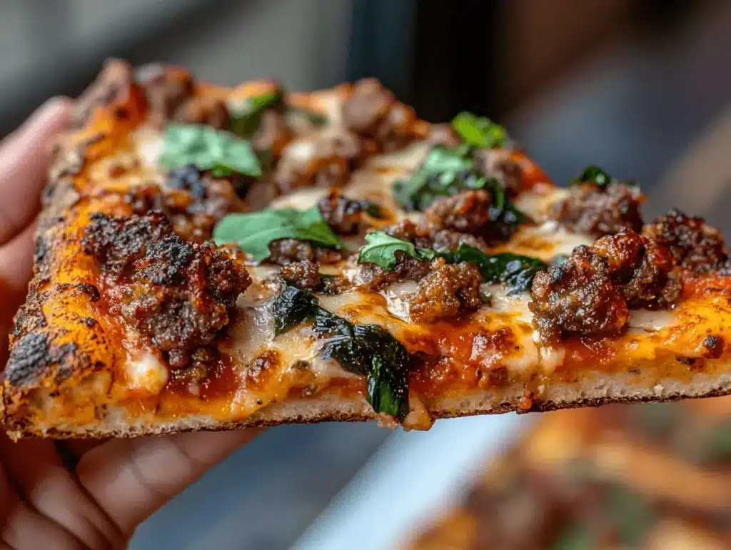 A slice of crispy, cheesy pizza topped with sausage, fresh basil, and tomato sauce