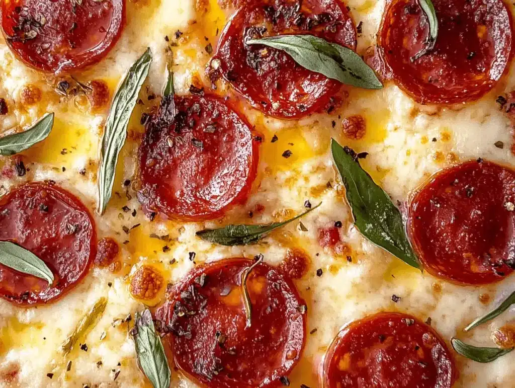 A close-up of a pepperoni pizza with crispy edges and fresh basil leaves