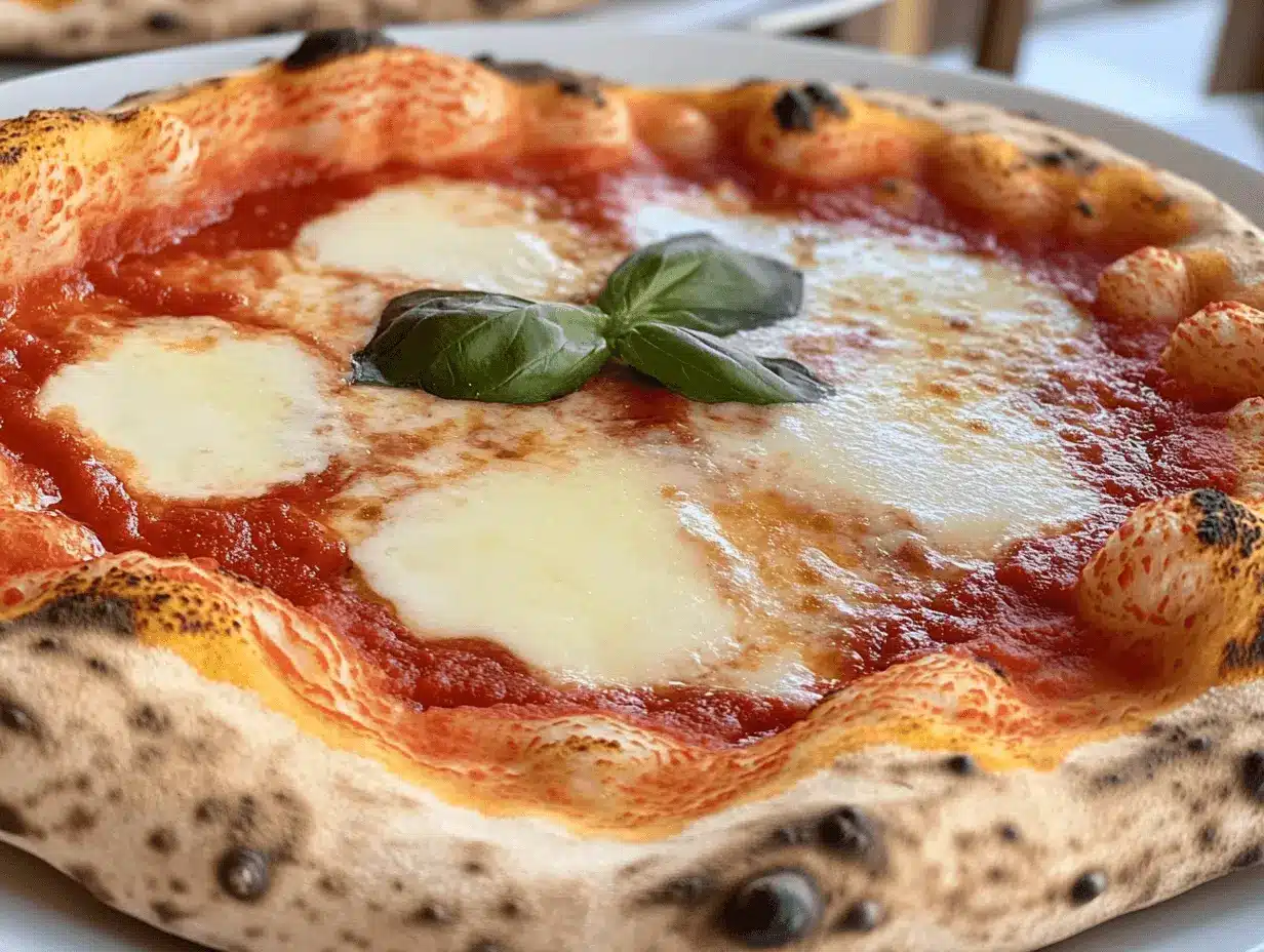 A Neapolitan-style Margherita pizza with melted mozzarella, tomato sauce, and basil.