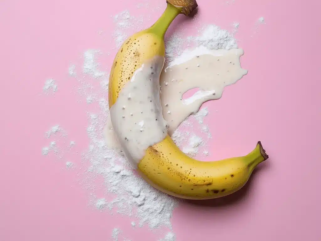 Banana with spilled flour and a creamy liquid on a pink background