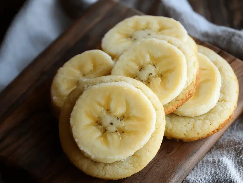 Banana bread cookies with fresh banana slices on a wooden platter