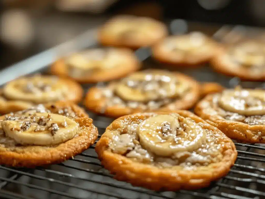 Banana bread cookies with caramelized banana slices on a cooking rack