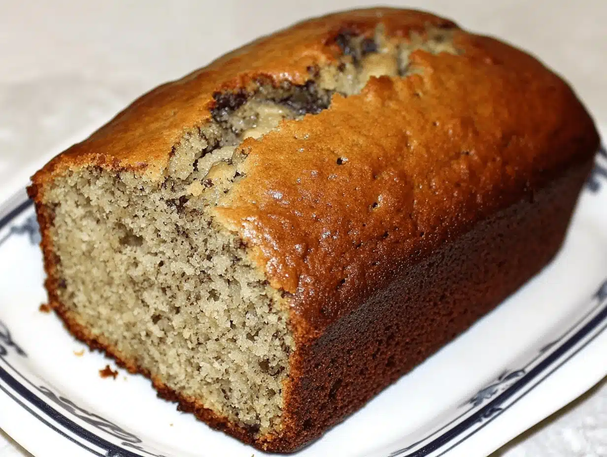 Close-up of a sliced banana bread loaf on a decorative plate.