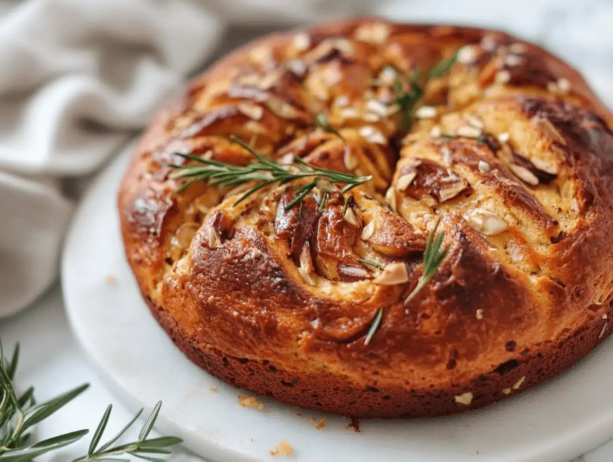A decorative banana bread round loaf, garnished with rosemary sprigs and slivered almonds, on a white plate.