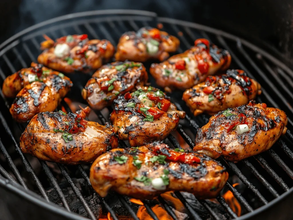 Grilled chicken thighs with herbs and spices on a barbecue grill