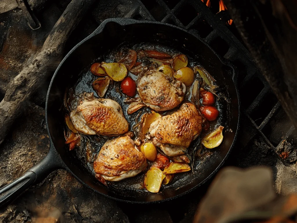 Skillet chicken thighs with roasted vegetables over an open fire