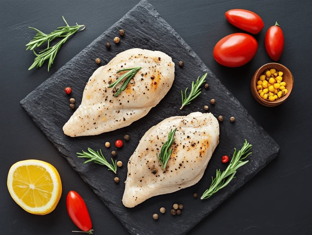 Two seasoned chicken breasts with fresh herbs and vegetables on a slate serving board