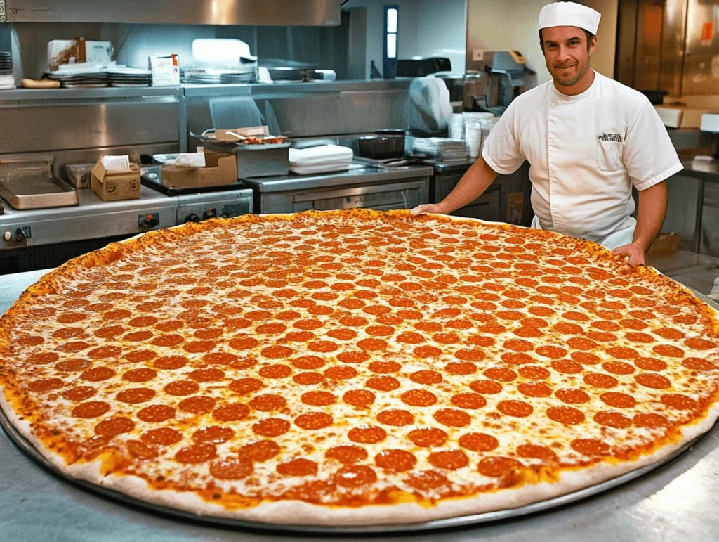 A chef holding an oversized pepperoni pizza in a professional kitchen