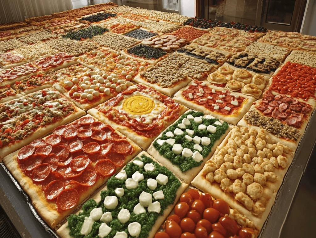 A large display of rectangular pizzas with various gourmet toppings on a table