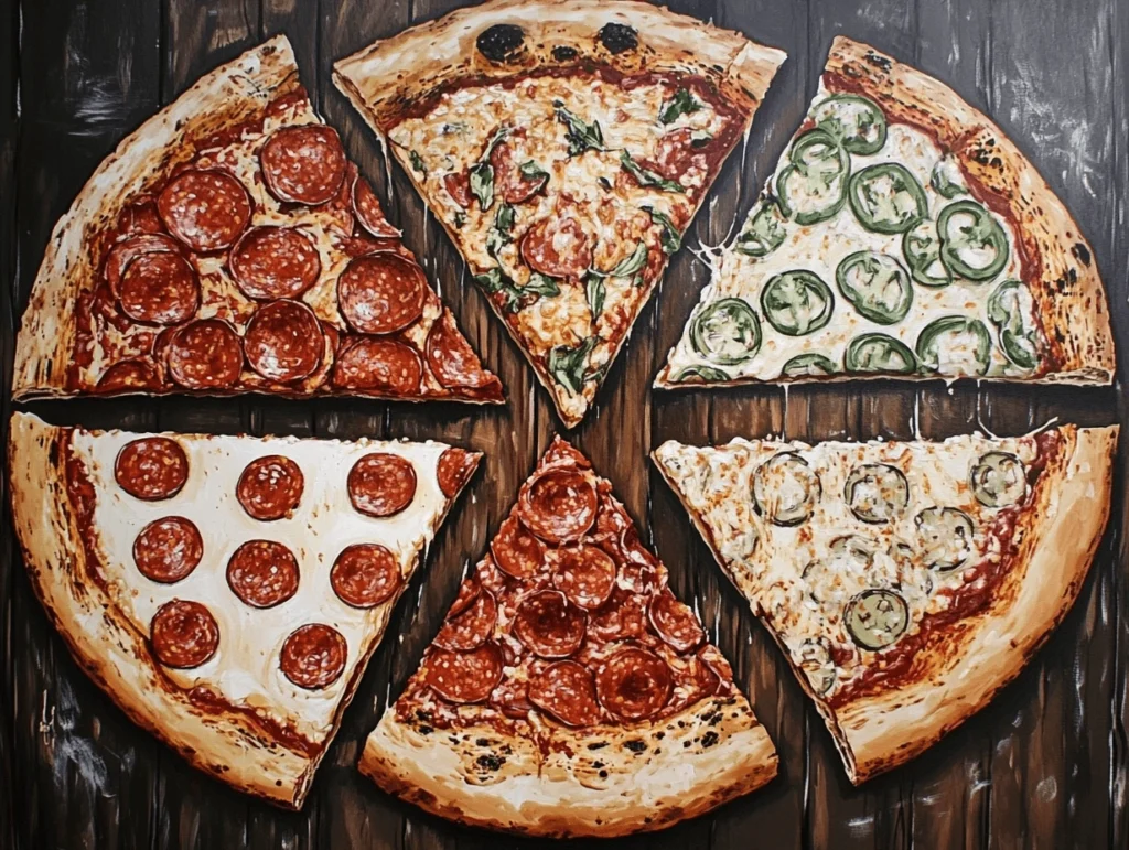 variety of pizza slices with different toppings arranged in a circle on a wooden surface.