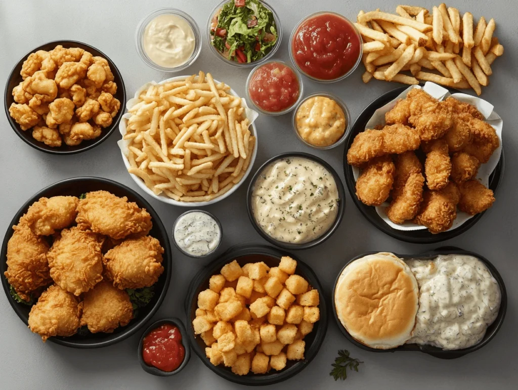 Chick-fil-A menu featuring nuggets, tenders, waffle fries, and dipping sauces