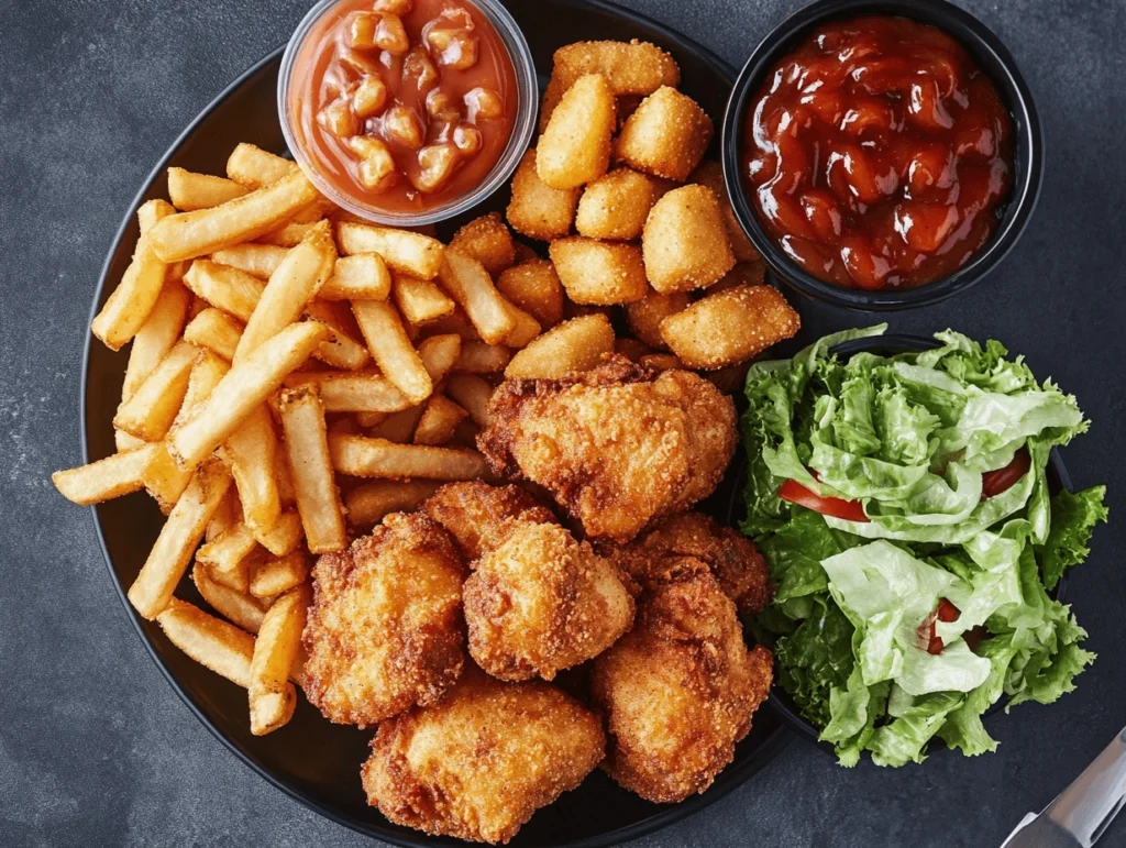 Chick-fil-A combo plate with nuggets, fries, salad, and dipping sauces